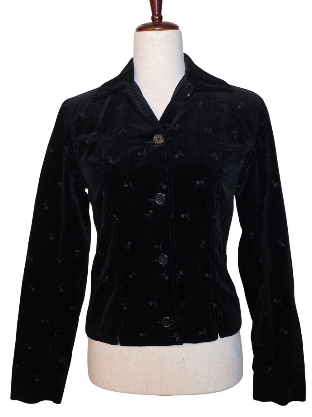 AT Denim Black Velour Floral Embroidered Button Down Jacket